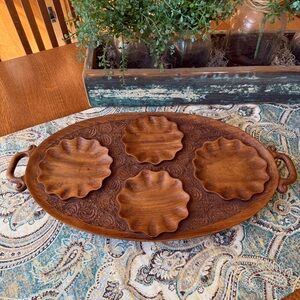 Carved Wood Serving Tray With Four Scalloped Bowls Oval Handled Vintage 1970s